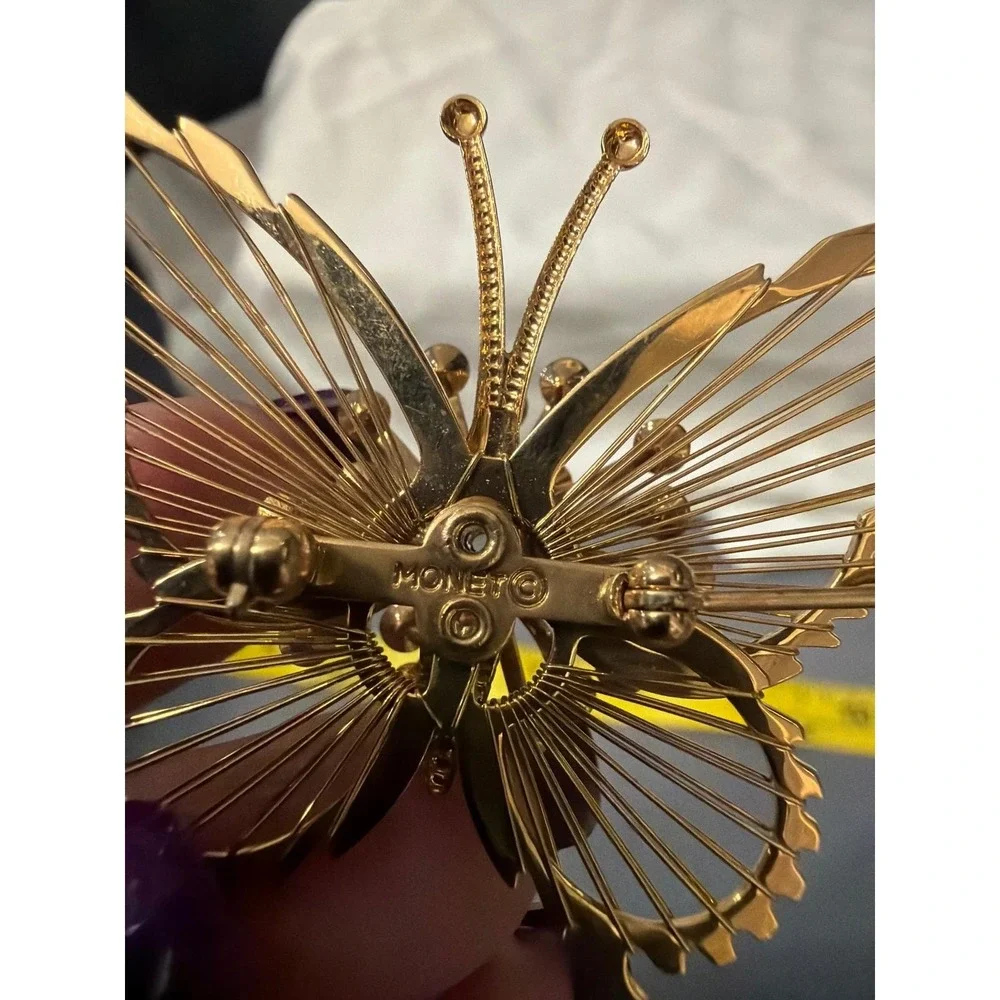 Monet Vintage Gold Tone Butterfly Brooch Rhinestone Openwork Wire Pin